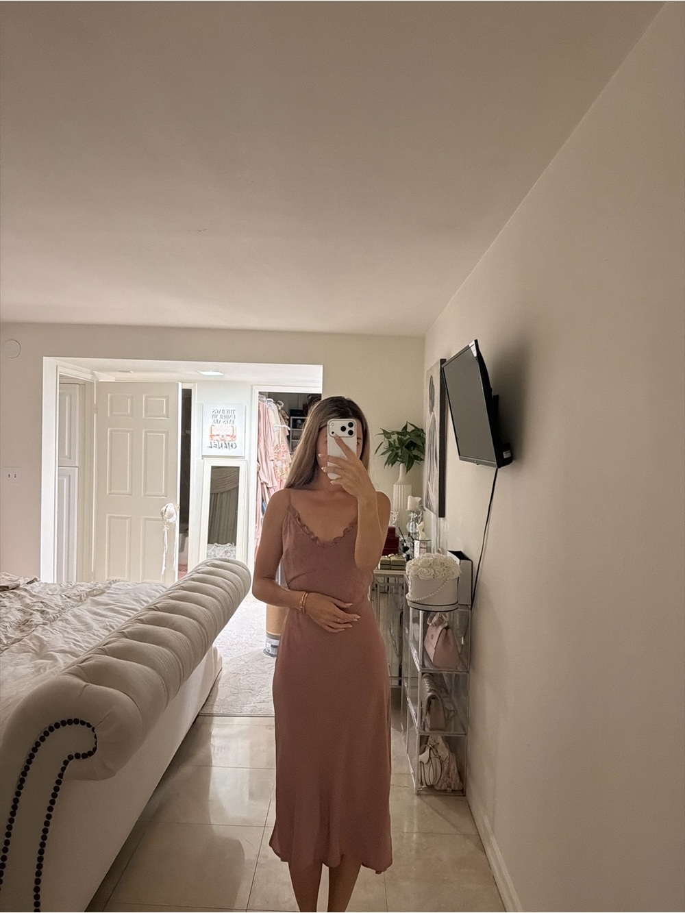 Satin Slip Dress with Lace Trim - Dusty Rose Abercrombie and Fitch